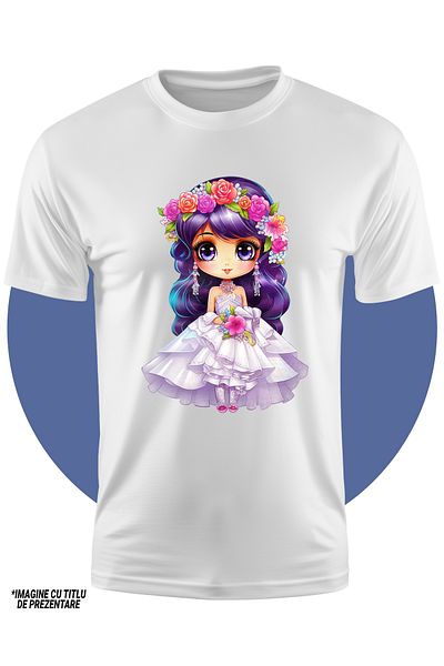 StoryGift Romania Children's T-shirt with a cute girl in a white wedding dress, illustration, crown made of