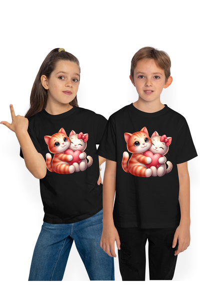 StoryGift Romania Children's T-shirt with 2 kittens hugging and holding a hea...