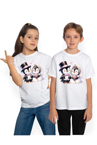 StoryGift Romania Tricou Copii cu 2 pinguini la nunta, mireasa, ilustratie, r...