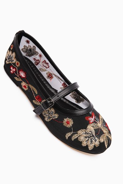 Limoya Jolin Black Embroidered Buckle Women's Ballerinas