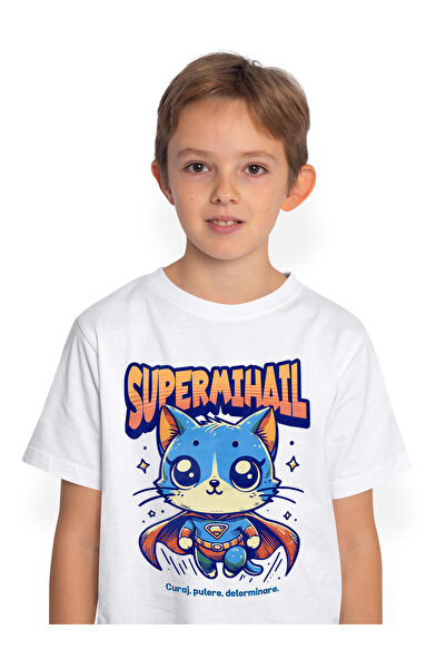 StoryGift Romania Tricou Copii Baieti Super Mihail, SuperErou, Pisica Zburand...