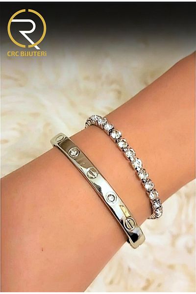 Crc Bijuteri Women's Silver Color Stone Handcuffs and Waterway Combination Bracelet