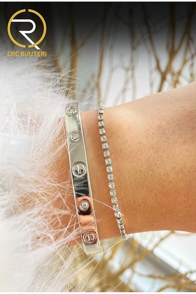 Crc Bijuteri Women's Silver Color Stone Handcuffs and Thin Waterway Combination Bracelet