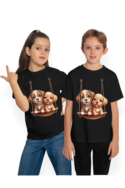 StoryGift Romania Tricou Copii cu 2 catelusi care se dau in leagan, ilustratie, amici pentru joaca, cuminti,