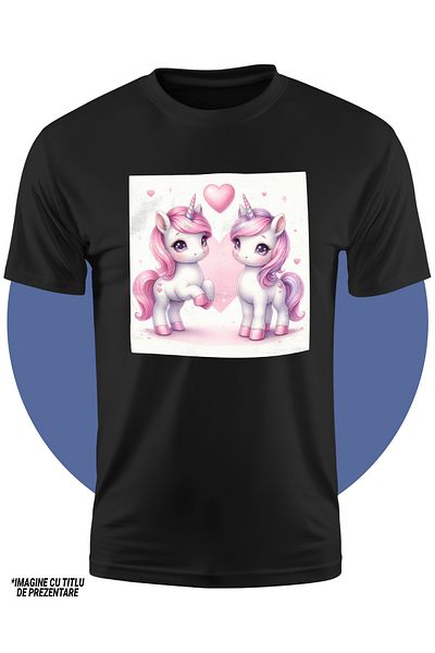 StoryGift Romania Children's T-shirt with 2 unicorns, illustration, hearts, joy, blushing, friendship, Valentine's Day