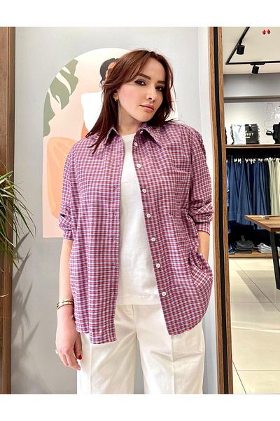ARZU ÖZEL MODA ATÖLYESİ *Oversize Wide Cut 100% Cotton Women's Red Piti Checkered Shirt.