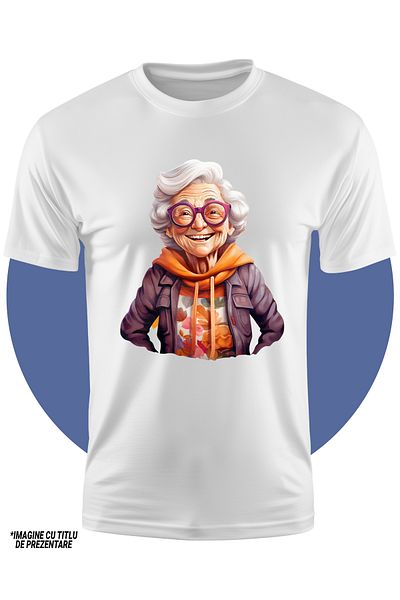 StoryGift Romania Children's T-shirt with a cheerful grandmother, illustration, flowered sweatshirt, glasses, like in youth,