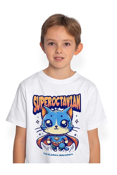 StoryGift Romania Kids Boys T-Shirt Super Octavian, Superhero, Flying Cat 100% Cotton, Unisex, White, 4