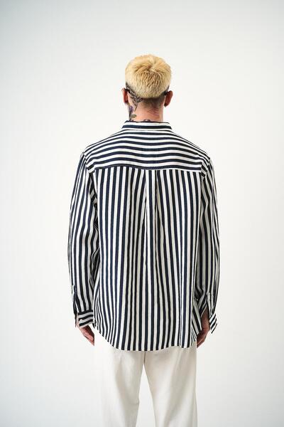 Respire Men's Striped Long Sleeve Oversize Shirt Navy Blue