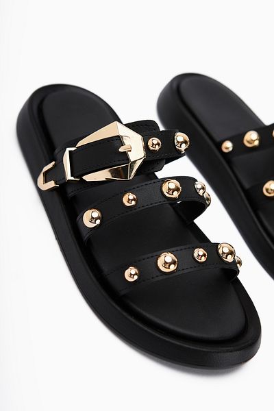 Limoya Wiola Black Pearl Detailed Buckle Comfort Women's Slippers