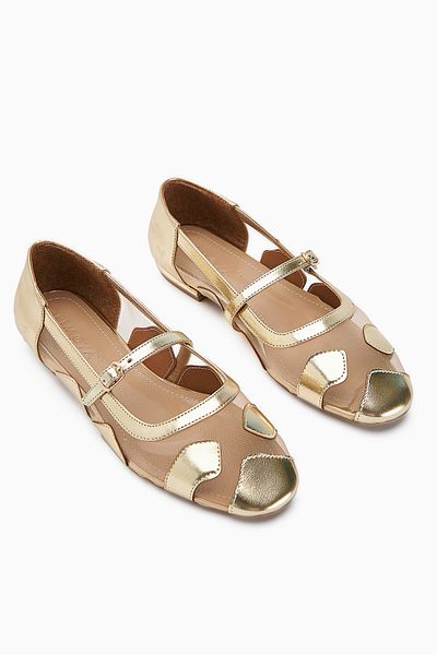 Limoya Diora Gold Tulle Detailed Buckle Women's Ballerinas