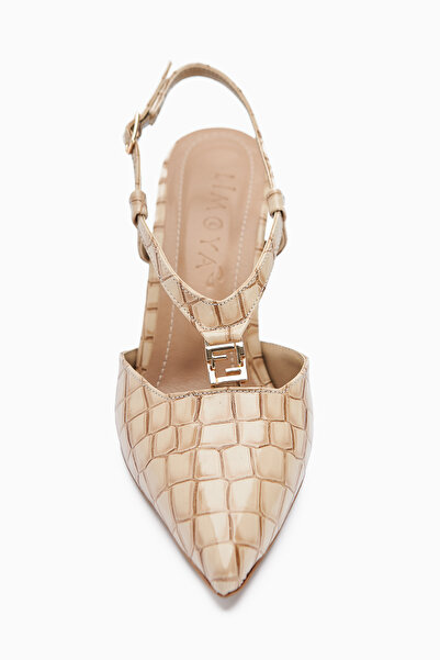 Limoya Celina Beige Crocodile Patterned Pointed Toe Women's Heeled Shoes