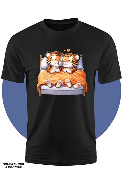 StoryGift Romania Children's T-shirt with a female tiger and a male tiger lying in bed, illustration, tiredness, bedtime