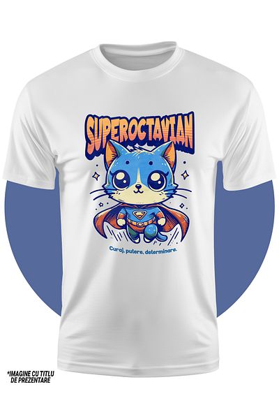 StoryGift Romania Kids Boys T-Shirt Super Octavian, Superhero, Flying Cat 100% Cotton, Unisex, White, 4