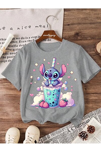 H&GHAMLEGİYİM Tricou supradimensionat pentru copii cu imprimeu cu căpșuni Stitch