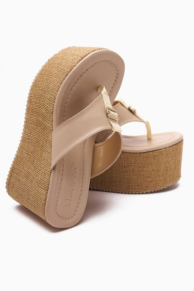 Limoya Γυναικείες παντόφλες Tania Black Flip Flop με ψάθινη σόλα με τακούνι