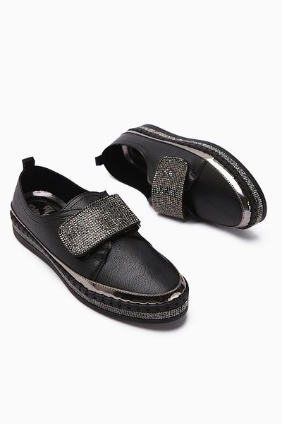 Limoya Valmira Black Velcro Stone Detailed Women's Casual Shoes