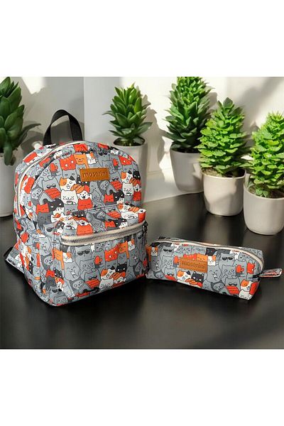 Moserini Cat Patterned 0-8 Years - Nursery, Kindergarten, Children's Backpack and Pen Holder/Pencil Case Set - Catlantis