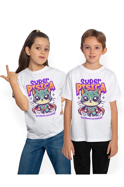 StoryGift Romania Kids T-Shirt Super Cat-Guardian of Curiosity! 100% Cotton, Unisex, White, 8 Years, 134CM
