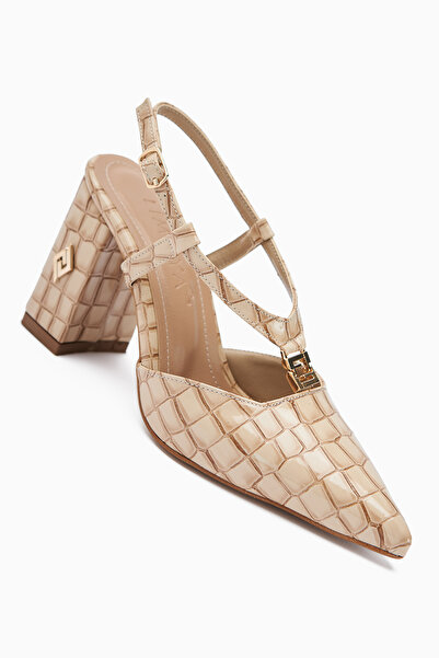 Limoya Celina Beige Crocodile Patterned Pointed Toe Women's Heeled Shoes