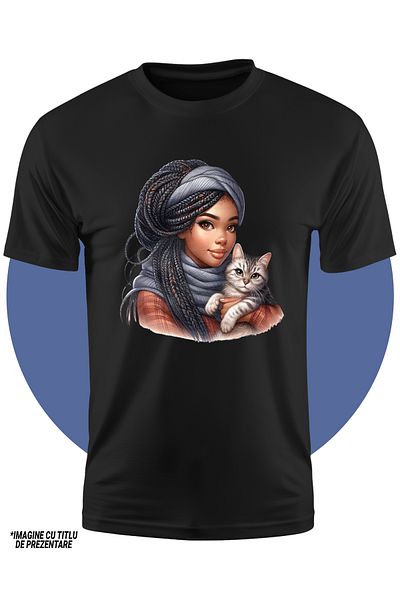 StoryGift Romania Children's T-shirt with a cute colored girl, holding a kitten in her arms, illustration, care, af