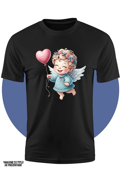 StoryGift Romania Children's T-shirt with baby Cupid, illustration, heart-shaped balloon, flannel, wool, co