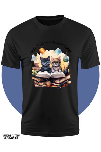 StoryGift Romania Tricou Copii cu 2 motani cu ochelari care tin o carte deschisa, ilustratie, tocilari, inva