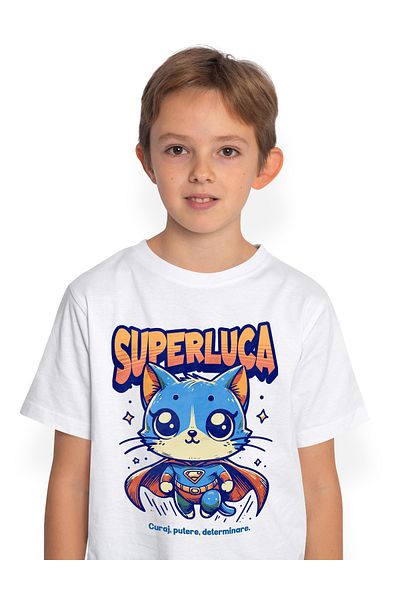 StoryGift Romania Tricou Copii Baieti Super Luca, SuperErou, Pisica Zburand 100% Bumbac, Unisex, Alb, 10 Ani