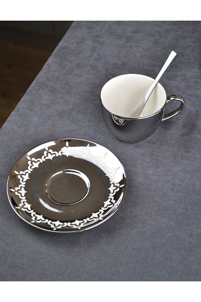 Qualitev 2 Person Porcelain Mirrored Coffee Tea Cup Set with Spoons 6 Pieces-Mirror