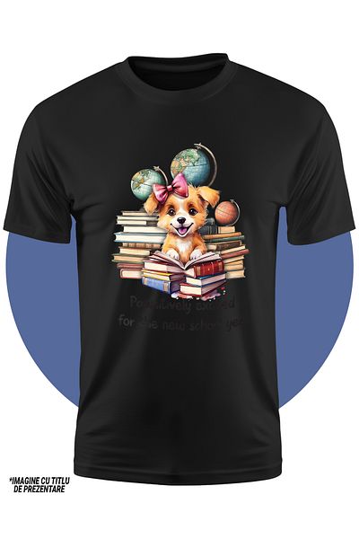 StoryGift Romania Kids T-shirt with a cheerful puppy who is eager to start the new school year, books,