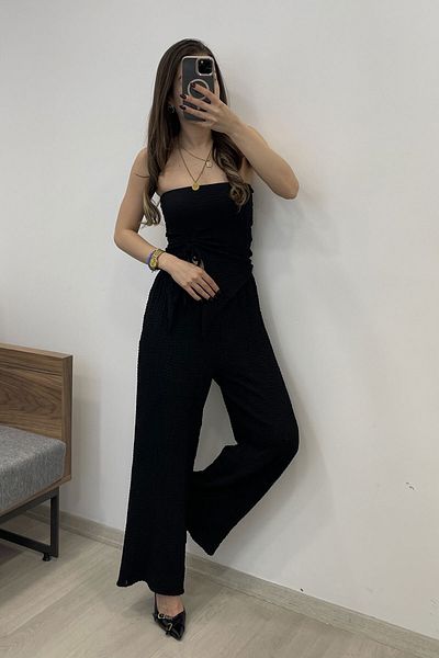 Nazline Front Tie Blouse Pants 2-Piece Top and Bottom Set