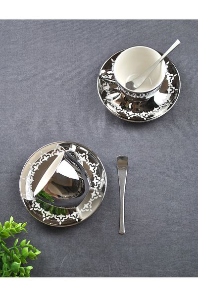 Qualitev 2 Person Porcelain Mirrored Coffee Tea Cup Set with Spoons 6 Pieces-Mirror