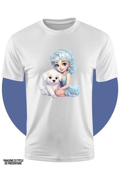 StoryGift Romania Tricou Copii Cu O Fata Draguta Care Are Un Catelus Alb, Ilustratie, Fericire, Pentru Iubit