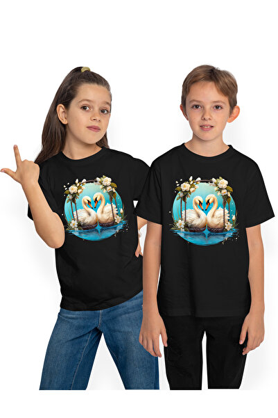 StoryGift Romania Tricou Copii cu 2 lebede, ilustratie, apropiere, flori albe...