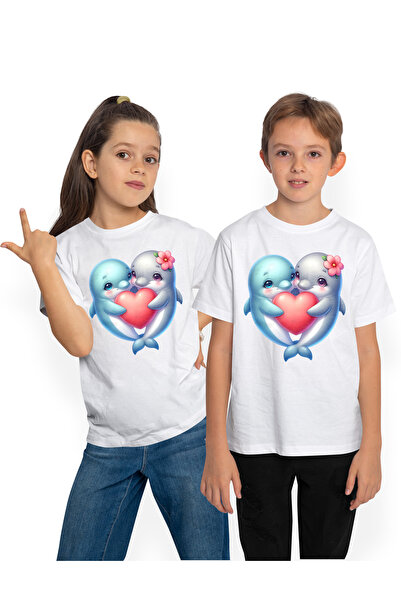 StoryGift Romania Tricou Copii cu 2 delfini care se imbratiseaza si tin o ini...