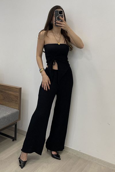 Nazline Front Tie Blouse Pants 2-Piece Top and Bottom Set