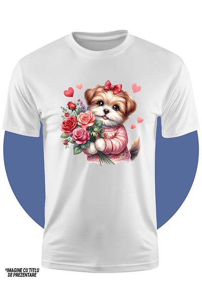 StoryGift Romania Tricou Copii cu o catelusa care tine un buchet cu trandafiri, flori, plante, inimioare, a