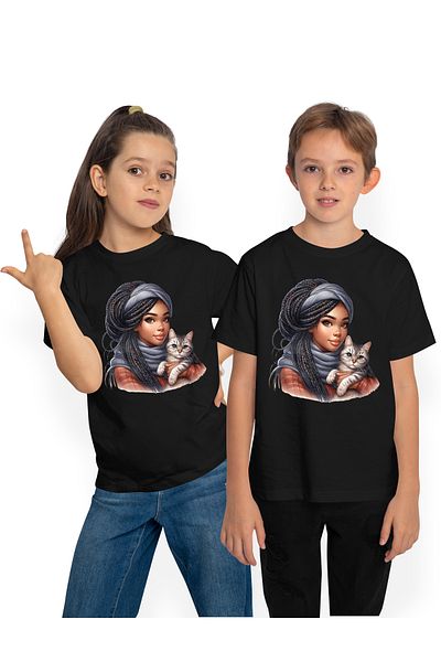 StoryGift Romania Children's T-shirt with a cute colored girl, holding a kitten in her arms, illustration, care, af