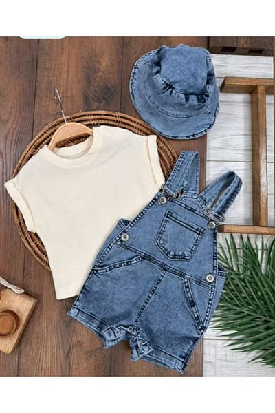 Uğur bebe New Season Denim Salopet Denim Hat Waffle T-Shirt Kangaroo Pocket Summer Baby Boy Set