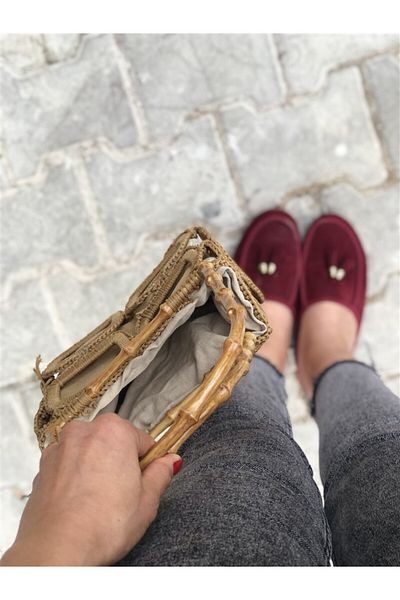 Gözde Tasarım Butik Women's Handmade Wooden Looking Handle Rectangular Motif Fabric Lined Beach and Daily Handbag