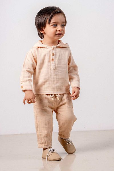 bombe Baby Kids Brown- Salmon Hooded Cotton 2 Piece Set First Ben Trend Fashion Bottom Top Set