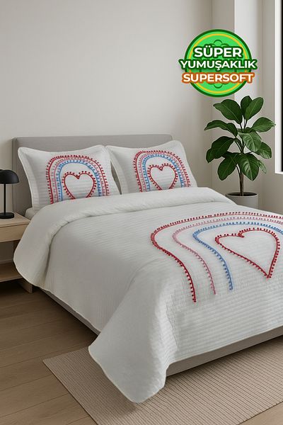 Evlen Home Collection طقم مفرش سرير مزدوج من القطن 100% مع بوم بوم ملون وشكل قلب (بايك).