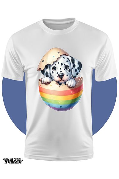 StoryGift Romania Tricou Copii Cu Un Catel Dalmatian Care Iese Dintr-un Ou Spart, Ilustratie, Timid, Pentru