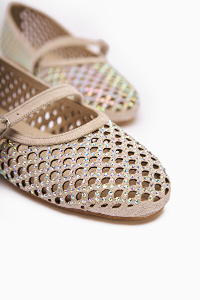 Limoya Nicole Ten Suede Oval Toe Perforated Stone Detailed Single Strap Casual Women's Shoes