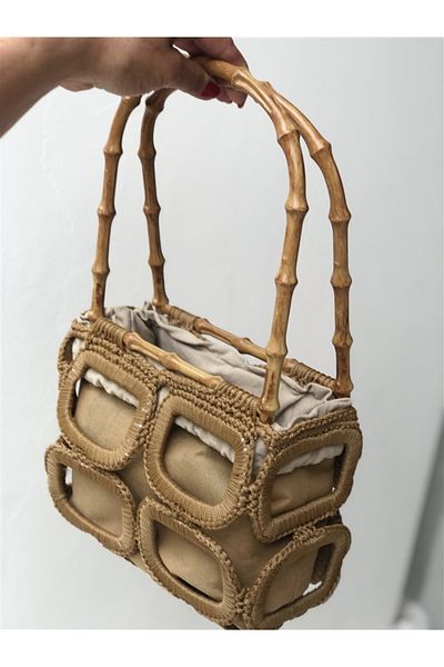 Gözde Tasarım Butik Women's Handmade Wooden Looking Handle Rectangular Motif Fabric Lined Beach and Daily Handbag