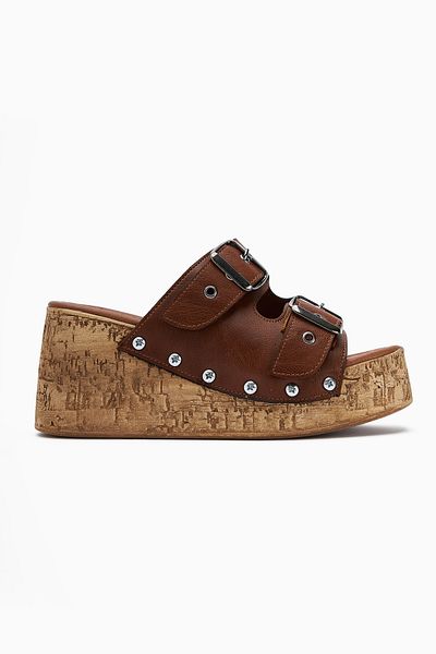 Limoya Ratka Tan Double Striped Platform Heeled Women's Slippers