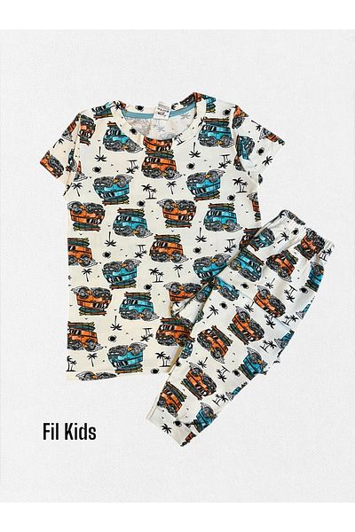 elmas kids Boy's 100% Cotton Minibus Car Patterned Blue Short Sleeve Six Long Summer Pajama Set