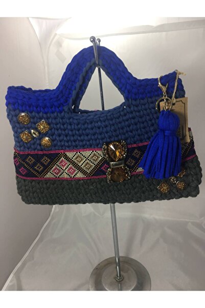 drt tasarım Kadın Penye İp Etnik Tokalı Renk Bloklu El ve Omuz Çantası DRT-BAG-0019
