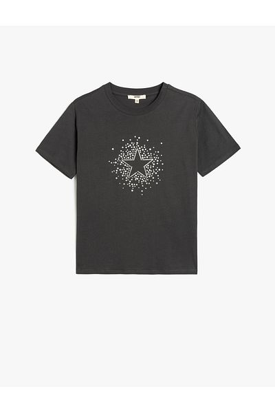 Koton Crew Neck Star Detailed Stoned Anthracite Women's T-Shirt 5Sak50140Ek