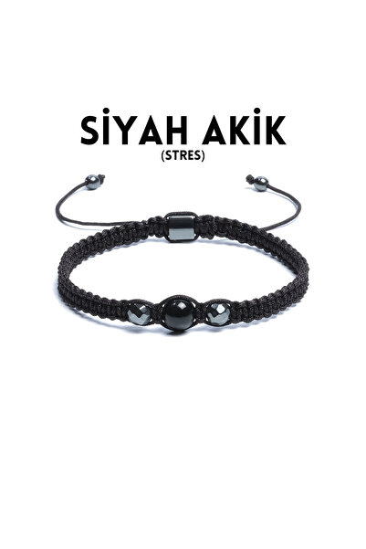 Sırlı Taş Siyah Akik, Hematit Doğal Taş Bileklik - 8mm 6mm Makrome Bileklik A...